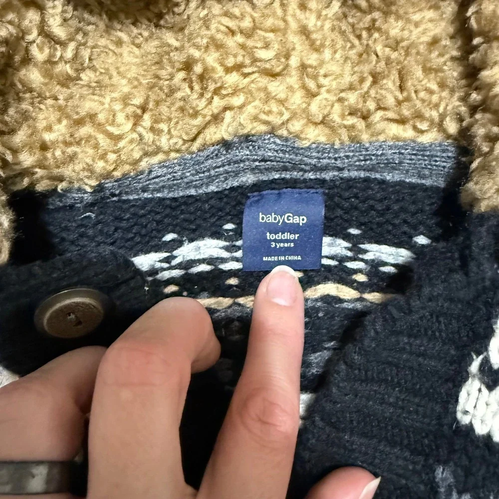 Baby Gap Black Fairisle Cardigan With Fur Lined Hood‎ Size 3T
